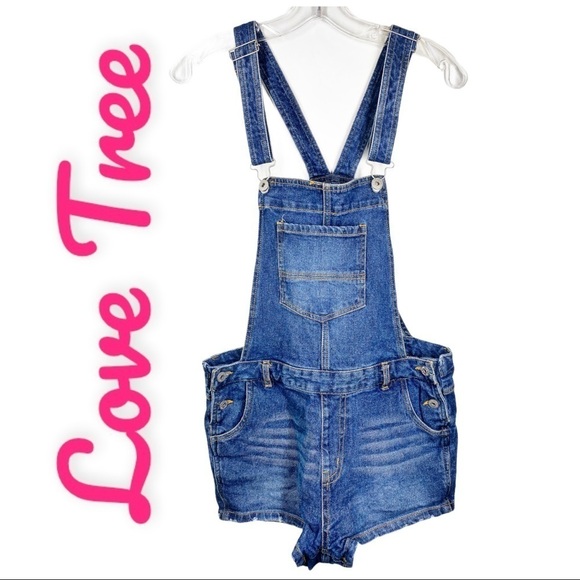 LOVE TREE Denim Overall Shorts, Size Large - Picture 1 of 8